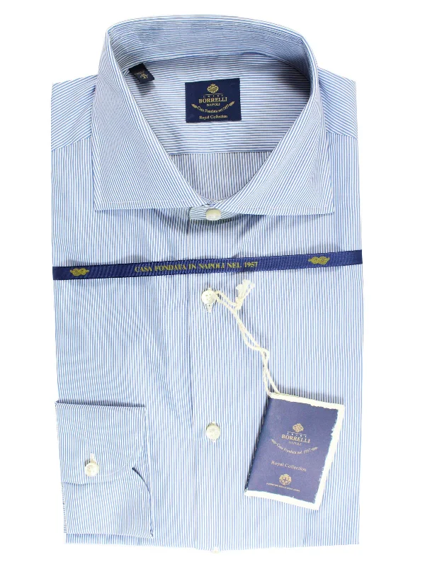 Luigi Borrelli Dress Shirt ROYAL COLLECTION Classic White Navy Stripes 38 - 15 SALE Unique Men's Patch