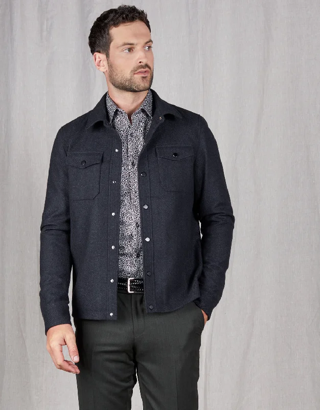 Makara Patch Pocket Navy Herringbone Overshirt Sporty Men's Athleisure 