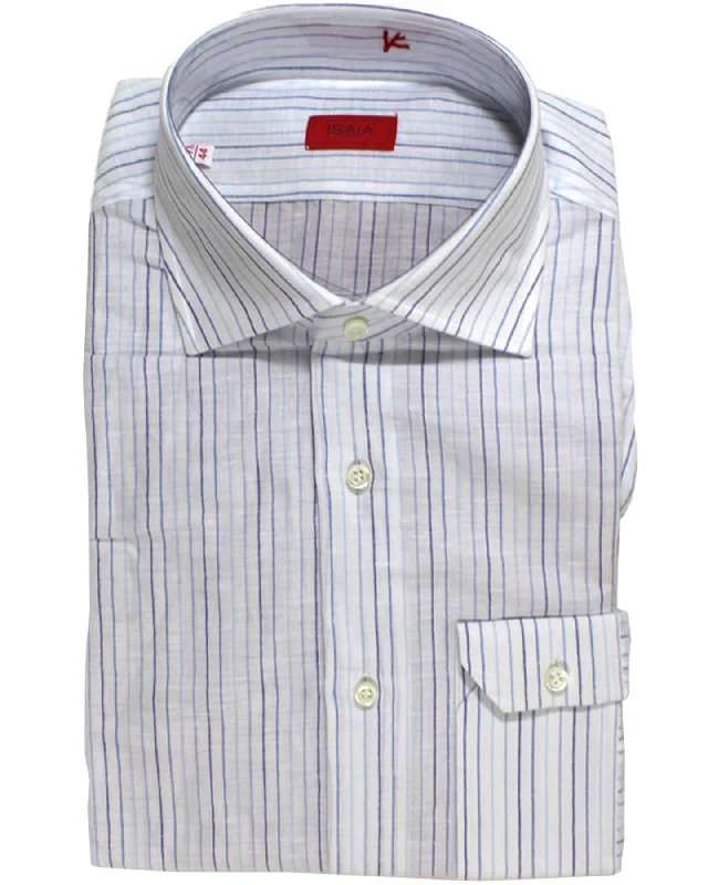 Isaia Linen Shirt White Purple Stripes 44 - 17 1/3 Regular Fit Unique Men's Patch