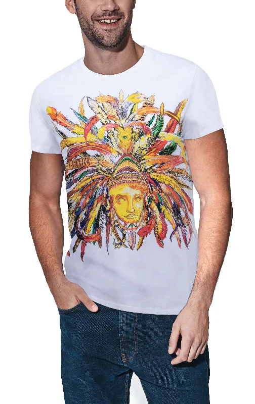 HEADS OR TAILS Men's Colorful Feathers Golden Mask Rhinestone Graphic T-Shirt Modern Men's Tech