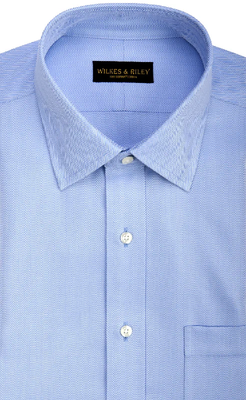 Classic Fit Blue Herringbone Spread Collar Supima® Cotton Non-Iron Dress Shirt Laid