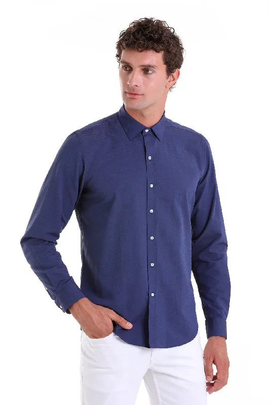 Comfort Fit Long Sleeve Cotton Blend Navy Dress Shirt Sleek Men's Contemporary 