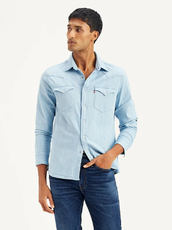 Men's Solid Slim Fit Denim Shirt Sleek Men's Contemporary 