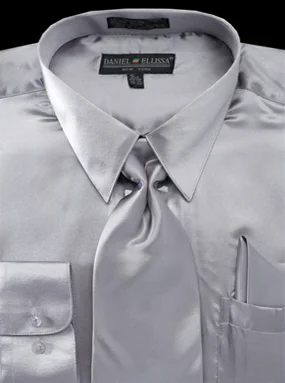 Satin Dress Shirt Convertible Cuff Regular Fit in Silver With Tie And Pocket Square Stylish Men's Tropical 