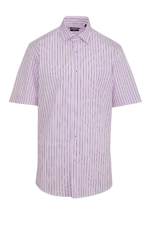 Classic Fit Short Sleeve Striped Cotton Pink Dress Shirt Tough Men's Military