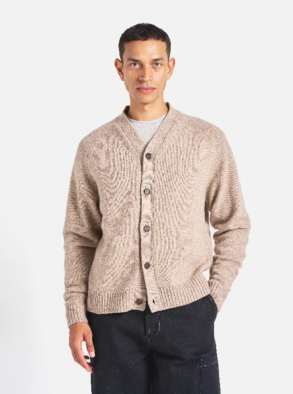 Universal Works David Cardigan in Fawn Eco Wool Polished Men's Satin