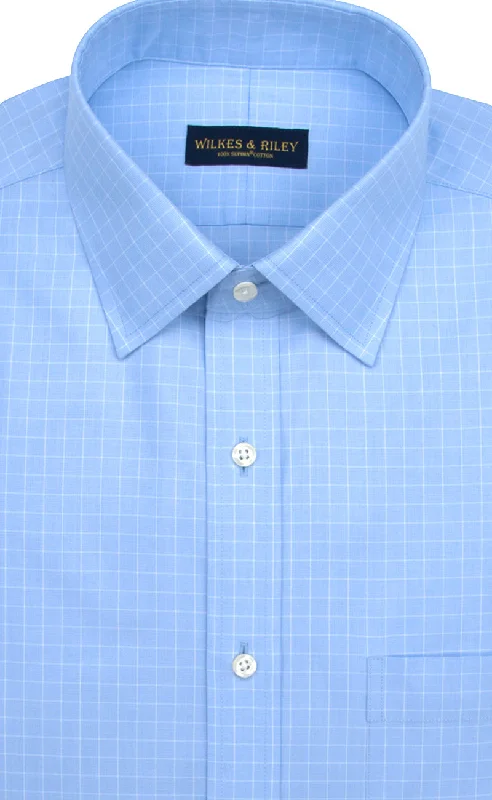 Slim Fit Blue Check Spread Collar Supima® Cotton Non-Iron Pinpoint Oxford Dress Shirt Casual Men's Loose