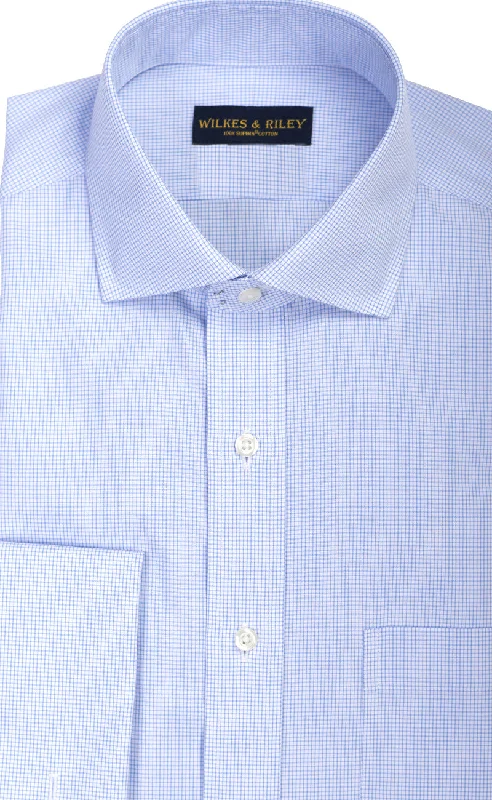 Classic Fit Non Iron Blue Micro Check English Spread Collar French Cuff Supima® Cotton Dress Shirt Hip Men's Retro