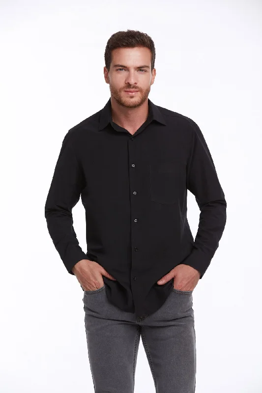 Comfort Fit Long Sleeve Plain Cotton Blend Black Dress Shirt Refined Men's Hand