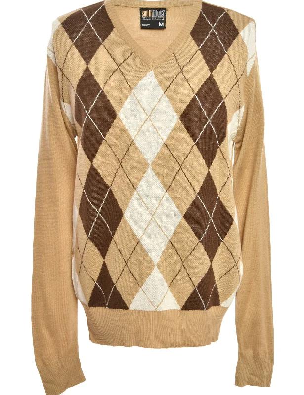 Southpole Y2K Argyle Brown Jumper - M Earthy Men's Sustainable 