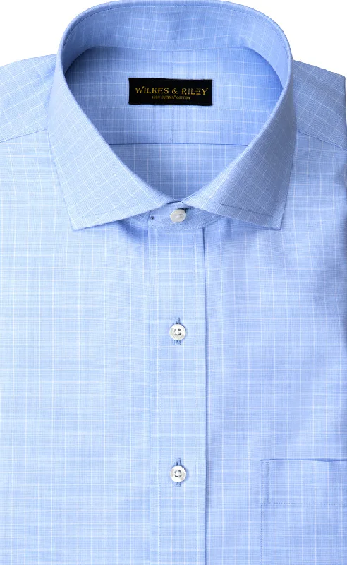 Classic Fit Light Blue Ground Check English Spread Collar Supima® Cotton Non-Iron Pinpoint Oxford Dress Shirt Street