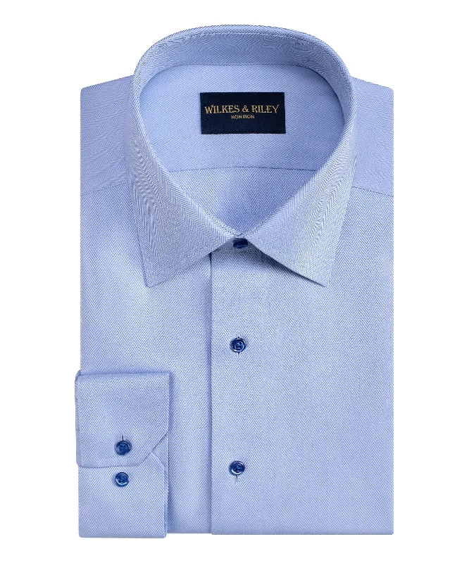 Tailored Fit Blue Spread Collar Non-Iron Herringbone Dress Shirt Stylish Men's Neon