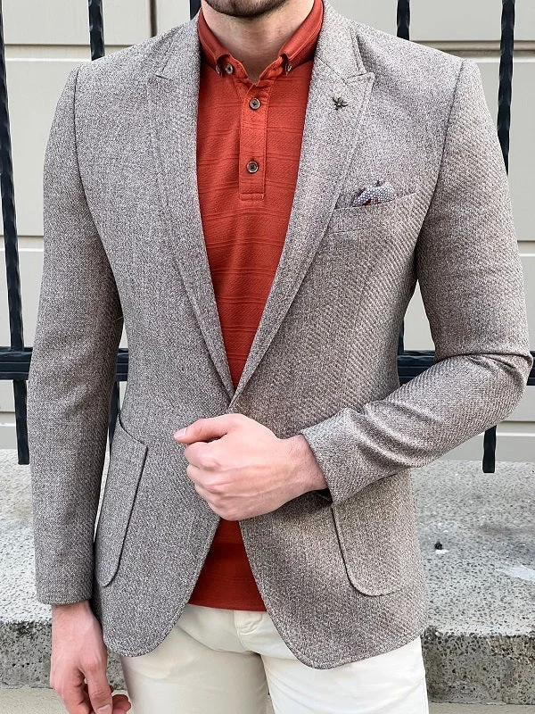 Rockford Dark Beige Slim Fit Peak Lapel Wool Blazer - The Perfect Blend of Style and Comfort Earthy Men's Hemp